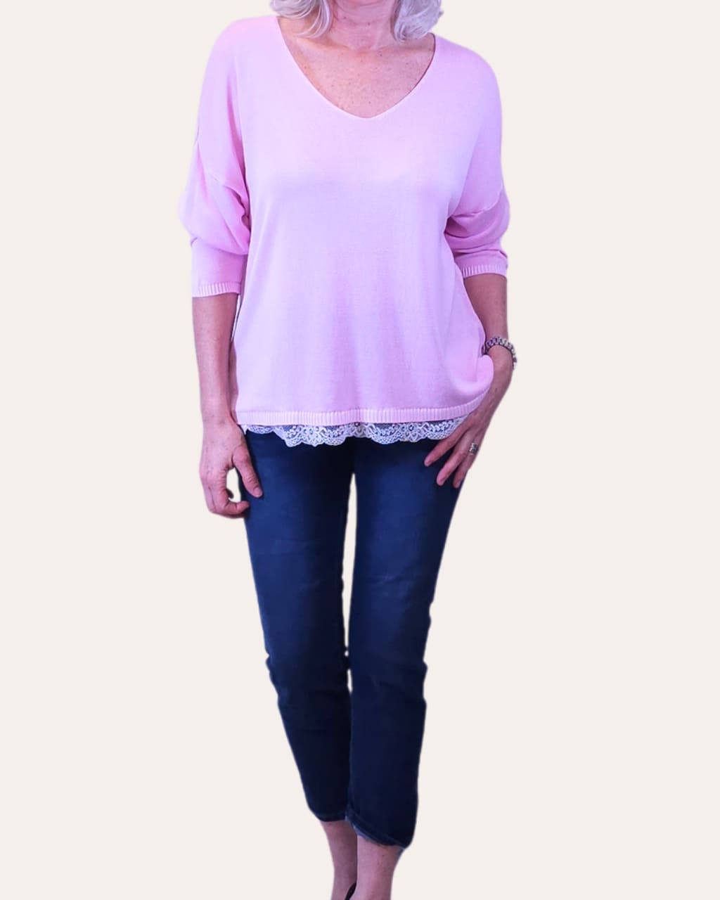 Jersey Fino puntilla en bajos, en color rosa, para primavera-verano, en AnuSska Moda